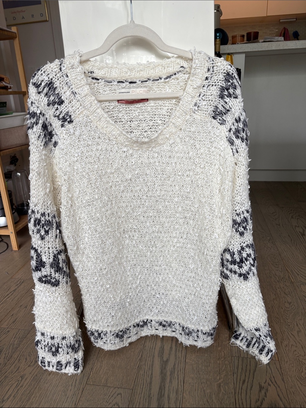Pilcro Cottage Core Cream and Gray V-Neck Knit Sweater